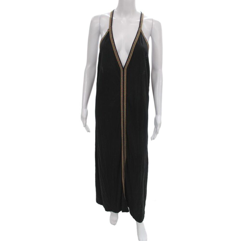 Pitusa Womens Maxi Dress Black V Neck Sleeveless Boho Pima Cotton Size One Size